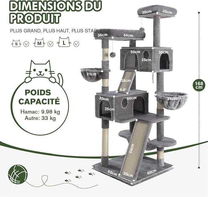 MUTICOR 66 Inches Multi-Level Large Cat Tree Tower for Indoor Big Feline/Cozy Plush Perches/Condo/Sisal Scratching Posts/Hammock and Baskets/Activity Center Play House/Wide Base/Grey