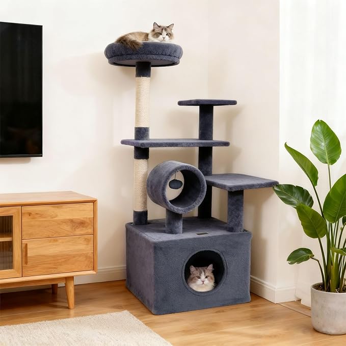 Multi-Level Cat Tree Tower, 48 Inches Tall with Sisal Scratching Posts, Condo, Tunnel with Dangling Ball Inside, Padded Top Perch, Multiple Jumping Platforms, Ideal for Indoor Cats (Dark Grey)