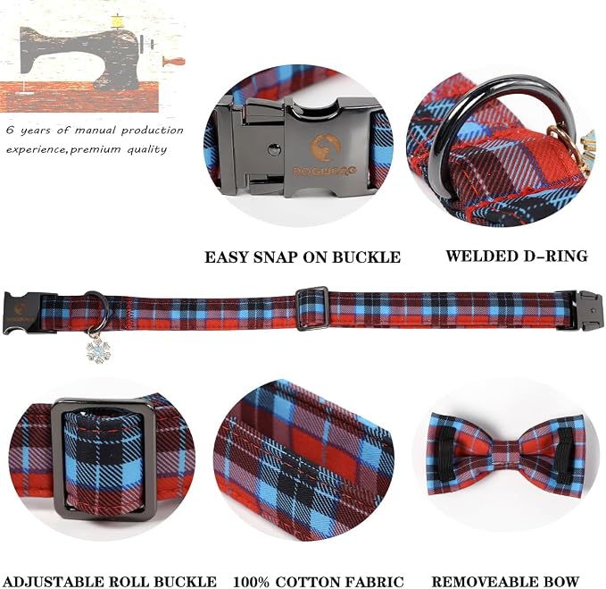 DOGWONG Christmas Dog Collar with Bow Tie, Red Blue Plaid Dog Collar Durable Metal Buckle Adjustable Soft & Cute Red Checkered Dogs Collars for Small Medium Large Dogs, XL