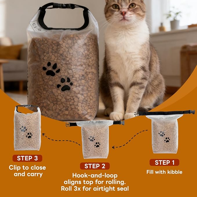 Dog Food Storage Bag with Roll-Top Closure, for Traveling, Camping,Boarding,14 Cups + 195 Poop Bags.