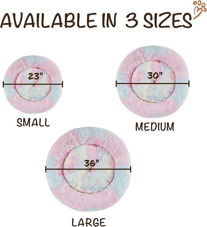Friends Forever Donut Dog Bed Faux Fur Fluffy Calming Sofa For Small Dogs, Soft & Plush Anti Anxiety Pet Couch For Dogs, Machine Washable Coco Pet Bed with Non-Slip Bottom, 23"x23"x6" Rainbow