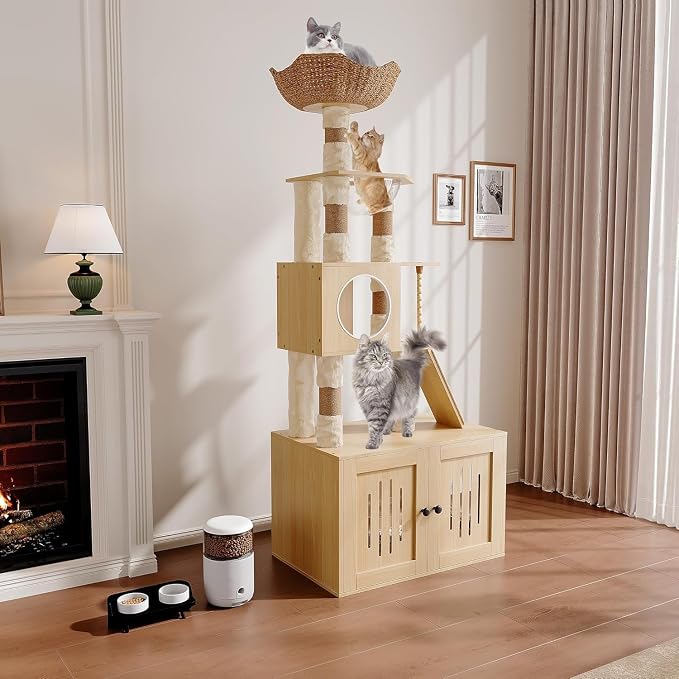 Garvee Tall Cat Tree with Litter Box Enclosure, 66.9-Inch Cats Condo, Multi-Level Perch & Scratching Posts for Cat