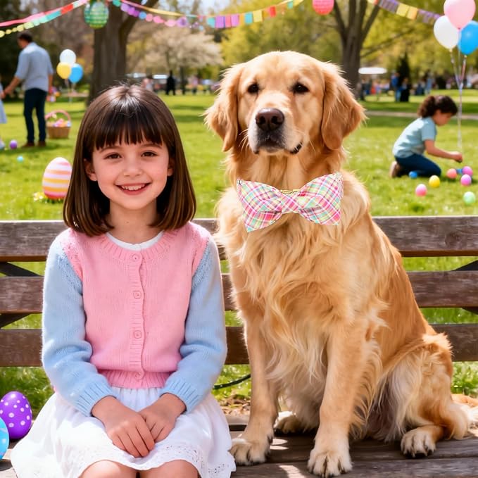 DOGWONG Easer Dog Collar with Bow,Colorful Plaid Dog Collar, Adjustable Durable Soft Collars Easter Dog Collars for Male Female,M