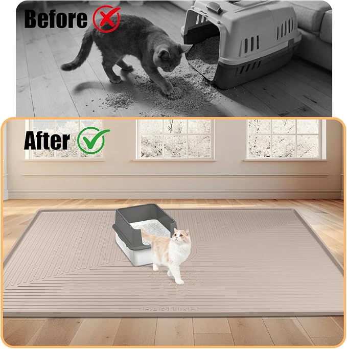 Silicone Cat Litter Mat 50" x 36" Cat Mat for Litter Box, Khaki | Extra Large Cat Litter Trapping Mat for Floor, Waterproof, Non-Slip Kitty Litter Box Mat with Raised Edge, Easy to Clean