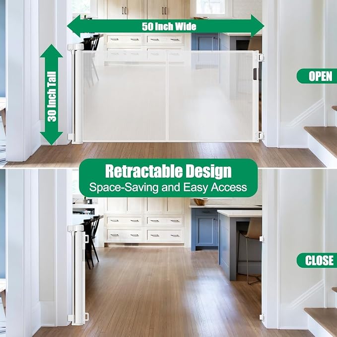 Reinforced 50" Wide Retractable Baby Gates for Doorways, Retractable Dog Gate for Stairs with Support Rods – Prevent Crawling Under, Outdoor Indoor Mesh Baby Gate Retractable Gates for Dogs, White