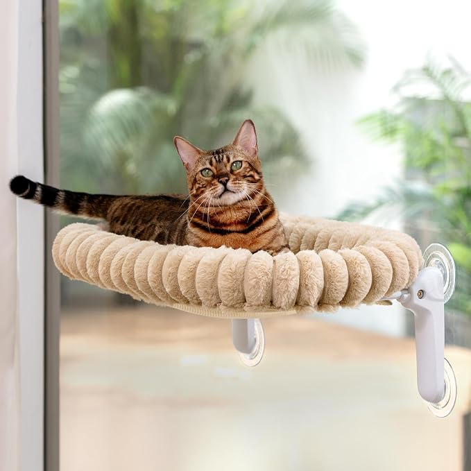 Sunhoo Foldable Cat Window Perch, Large Suction Cup Kitty Hammock, Tan | Windowsill Pet Bed for Cats Inside, Cordless Kitten Seat Supports 40 lbs, Soft Reversible Plush Cushion, Machine Washable
