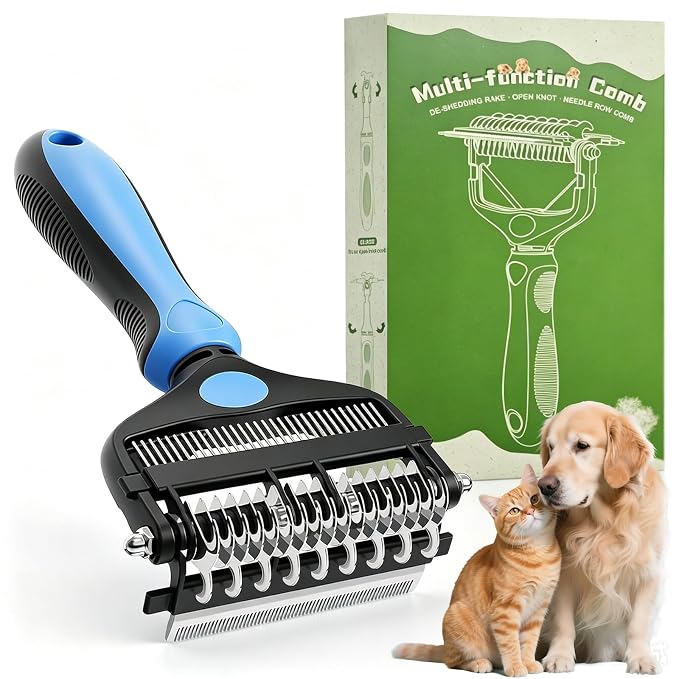 Deshedding Dog Brush, Undercoat Rake for Cats & Dogs, Pet Pro Grooming Tool | 3-in-1 Non-Slip Handle, Effectively Removes Mats Tangles & Loose Fur, Reduces Shedding for Long Short Hair Pets, Blue