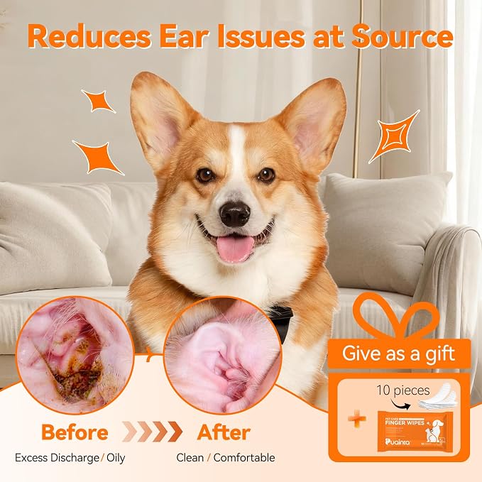 Dog Ear Cleaner Drops for Infection Treatment - 1 Fl Oz | Vet Formulated Patented Quantum Silver Water-Based Drops Soothe Ear Itching, Irritation, Cleans Wax, Odor, Free Finger Cots