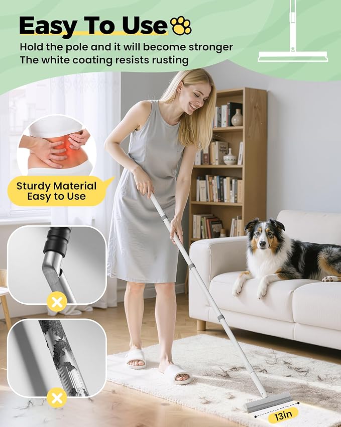 Carpet Rake for Pet Hair Removal Tool - 4 in 1 Pet Hair Remover Kit for Dog Cat Fur Remover, Contain 60" Adjustable Rubber Broom, Glove, Magic Brush and Scraper for Furniture (Gray)