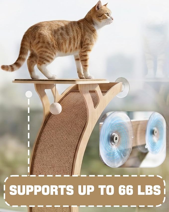JKXJKX 47" Floor Standing Cat Window Perch with Curved Scratching Ramp, 80 Lbs Heavy Duty Window Bed Seat with Suction Cups, Furniture for Large Cats Indoor Bird Watching