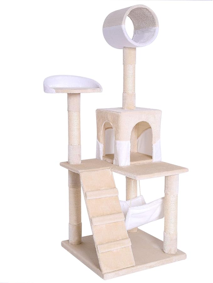 lionto Scratching Tree for Cats with Hammock & Tunnel, Height 52,4 in, cat Tree with sisal Rope & Soft Plush, Cozy Lying Areas & Caves, Suitable for Small & Large Cats, Beige/White