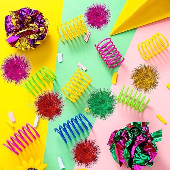 36 PCS Cat Crinkle Balls Toy and Cat Spring Toy, 12 Pcs Mylar Crinkle Ball, 12 Pcs Cat Spiral Spring, 12Pcs Sparkle Balls Tinsel poms, for Cats Kittens Playing Interacting