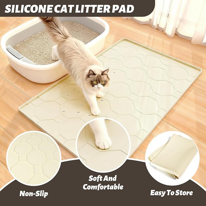 Silicone Cat Litter Mat, 34“ x 22” Waterproof Cat Litter Mats for Floors, Raised Edges Prevent Leaks and Make Cleaning Easy (Beige)