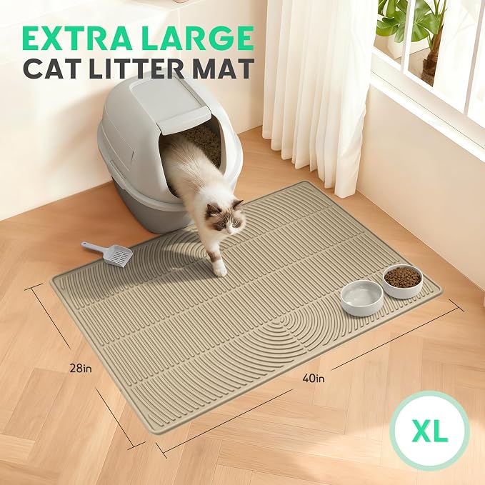Pawtasy Cat Litter Mat,40" x 28" Extra Large Silicone Waterproof Litter Trapping Mat for Scatter Control Soft on Kitty Paws Non-Slip Easy to Clean