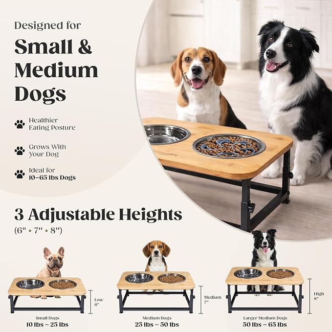 Adjustable Raised Dog Bowls – Elevated Dog Bowl Stand with Bamboo Stand, 2 Stainless Steel Bowls, Slow Feeder Insert & Silicone Mat – Dog Bowls with Stand for Small & Medium Dogs