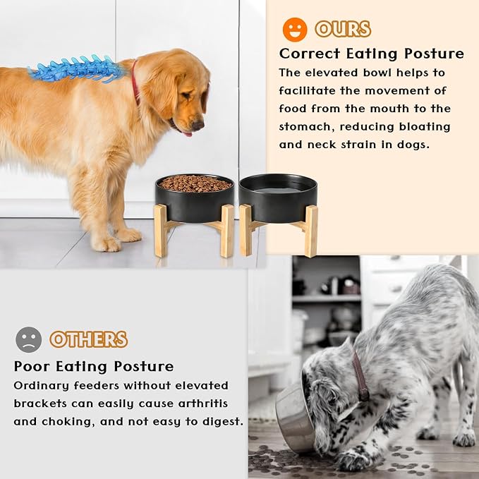 SPUNKYJUNKY Ceramic Elevated Dog Bowls 2 Pack - 6.1inch Raised Dog Bowls with Non-Slip Wooden Stand for Medium Dogs Dishwasher Safe(Black,28.7OZ*2)