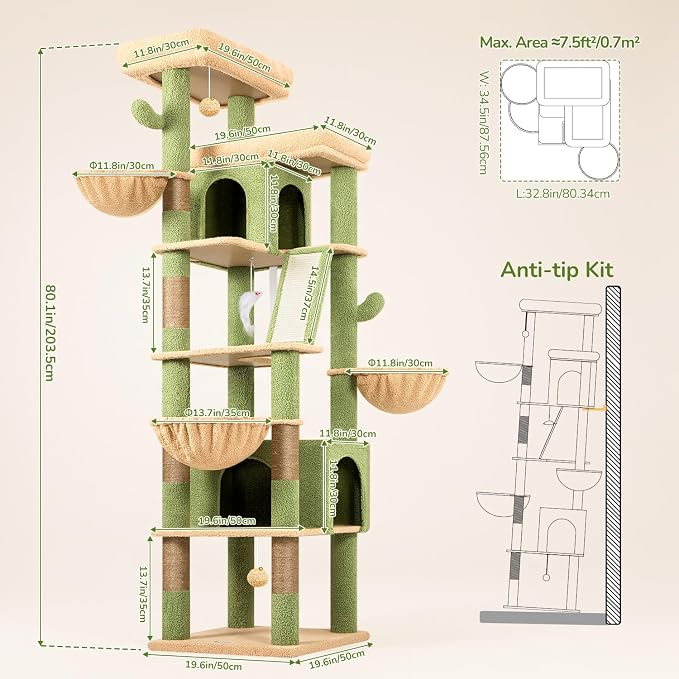 Globlazer 80in Extra Large Cactus Corner Cat Tree Tower S80G, Green | Tall Cat Condo For Multiple Indoor Cats Large Adult Kittens, Scratching Posts & Board, Widened Perches, Adjustable Baskets