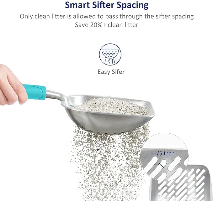 WePet Cat Litter Scoop, Aluminum Alloy Sifter, Kitty Metal Scooper, Deep Shovel with Diagonal Sifting Hole, Long Handle, Kitten Poop Lifter for Litter Box, Medium Size, Turkish Blue Handle