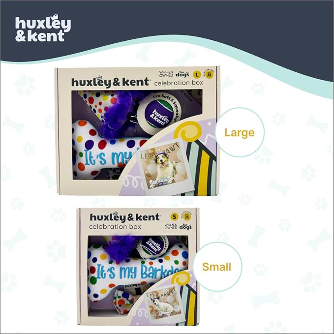 Huxley & Kent Celebration Box for Dogs - Fun Gift Kit with Plush Squeaky Toys, Party Hat, Bow Tie & Banner - Birthday, Gotcha Day & Special Occasion Dog Kit - Happy Barkday Box, Large