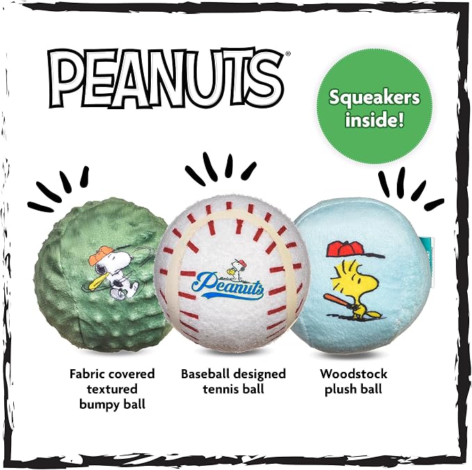 Peanuts for Pets Snoopy the Athlete Multi-Material Dog Ball Toy, 3-Pack - Squeaky, Interactive Dog Toys with Multiple Textures, Perfect for Fetch and Chew - Featuring Snoopy and Woodstock Designs