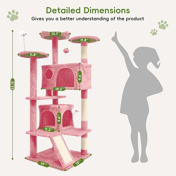 Cat Tree Tower for Indoor Cats,Cat House with Sisal Scratching Post,Multi-Level Cat Condo and 3 Large Platforms (Pink)