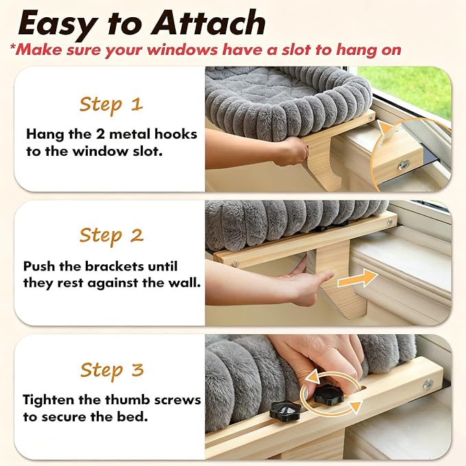 Zoratoo Cloud-Cuddle Cat Perch for Window Sill with Zipper Cushion, M Gray | 21.7’’x18’’, Removable for Machine Wash, Fluffy Plush Bolster, Sturdy Metal Frame for Large Cats up to 40lbs, Easy to Adjust