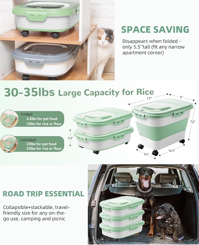 20-23Lbs Dog Food Storage Container Airtight,Collapsible Dog Food Container | Pet Food Storage with Double Airtight Seal & Magnetic Lid,Cat Food Container with Wheels for Easy Moving,Small Jar,Scoop