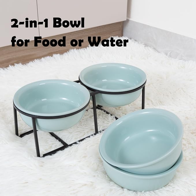 Ceramic Elevated Dog Bowl Set - Double Dog Food and Water Bowls with Metal Stand - Raised Pet Dishes for Puppies and Cats - 2 Cups - 12.5 fl oz - Green