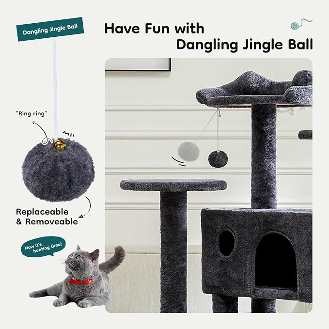 DUMOS 54 Inch Cat Tree Tower with Scratching Posts | Indoor Multi-Level Pet House for Large Cats with 2 Condos, Round Platform, Small Ladder and Toys, Grey