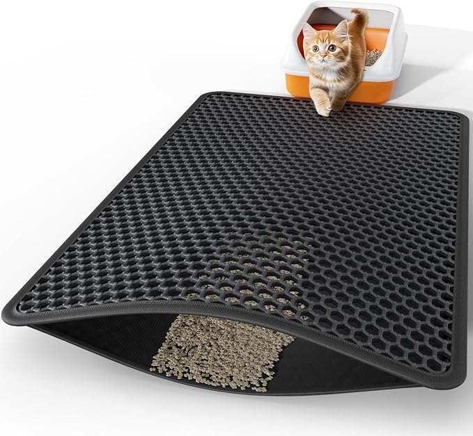Powools Cat Litter Mat, Double-Layer, 46 x 35 in, Urine-Proof, Black | Non-Slip Litter Trapping Mat, Easy to Clean, Kitty Litter Mats for Floor, Scatter Control, Waterproof Litter Box Mat for Cats