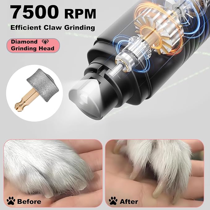 Consss Dog Nail Grinder Quiet, Easy to Use Pet Nail Grinder with Led Lights, 7500 RPM Dog Nail Clippers for Large Dogs Medium Small Dogs & Cats, Continuous 3-Hour Battery Life