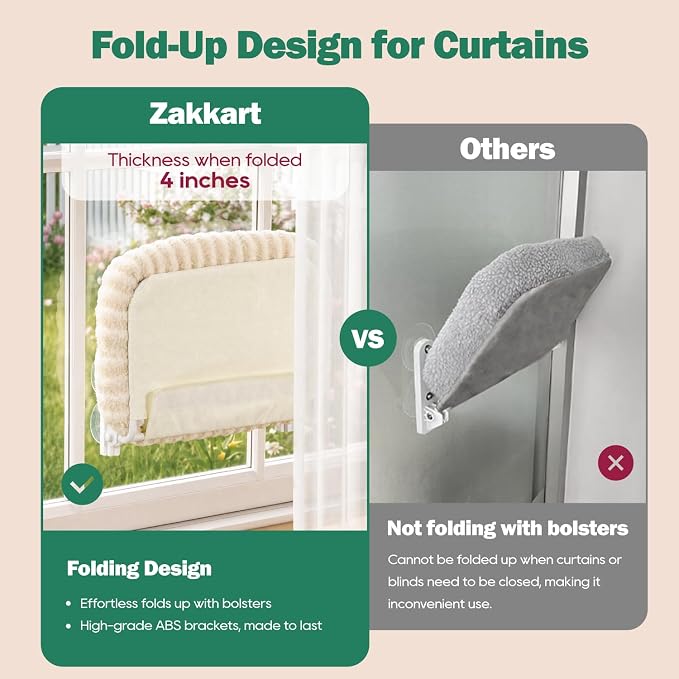 Zakkart Mellow Foldable Cat Window Perch, Upgraded Suction Cups (Beige, M) | Curtain-Friendly, Dual-Fabric Striped Machine Washable Bed, Heavy Duty ABS & Metal Frame, Hold up to 40 lbs., 22.8"W x 15.5"D