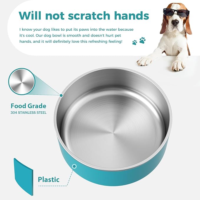 WENBOKMIN Dog Bowl, Stainless Steel Dog Food and Water Bowl with Non Slip Quiet Bottom, Easy to Clean, Dishwasher Safe, 40oz, Lake Blue