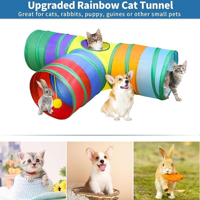 Malier Cat Toys Kitten Toys Set, Collapsible Cat Tunnels for Indoor Cats, Interactive Kitty Toys Cat Feather Toy Fluffy Mouse Crinkle Balls 3 Way Tube Tunnel Toys for Puppy Kitty Kitten