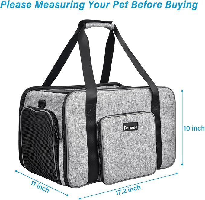 Petmolico Cat Carrier Soft-Sided Pet Bag for Small Medium Cats Puppies 16LBs - Airline Approved Pet Travel Carrier 3 Open Doors (Medium,Grey-X863)