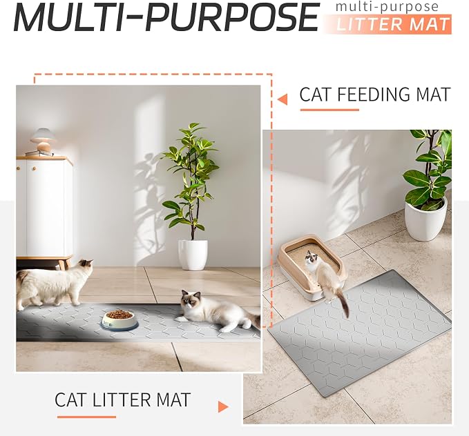 Bulkniu Silicone Cat Litter Mat, 22"x34", Raised Edge Waterproof, Grey | Litter Trapping & Recycling, Easy to Clean, Non-Slip, Durable Safe & Odorless, Paw Friendly