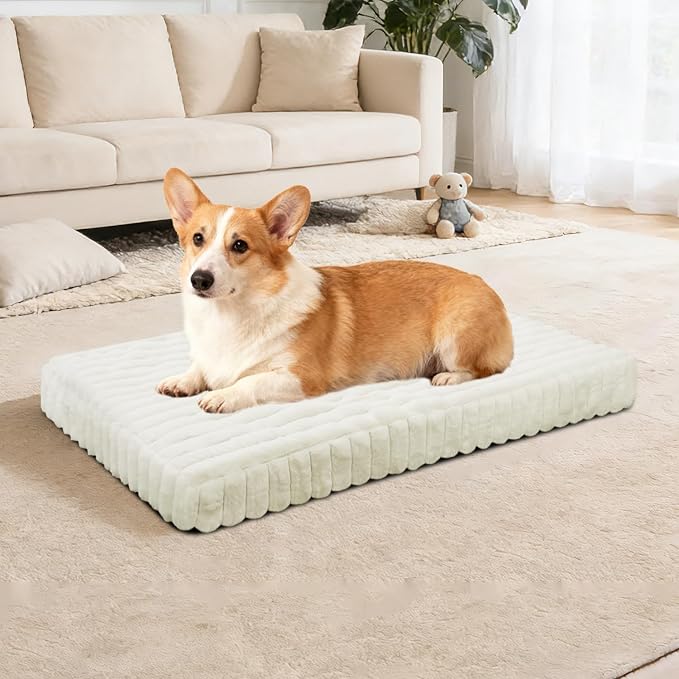 Dog Crate Bed Cream 28.7"x20.8" | Flat Dog Crate Bed Waterproof for Large Meduim Dogs Pet Beds with Plush Removable Washable Cover Anti Slip Bottom for Indoor