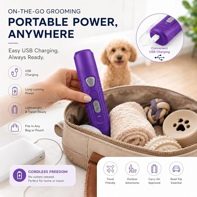 Pet Nail Grinder for Dogs and Cats, 2-Speed Electric Dog Nail Trimmer, Extral Steel Pet Nail Clipper, Rechargeable 2000mAh Nail Grinder for Small Medium Large Dogs with 2 LED Lights, Purple