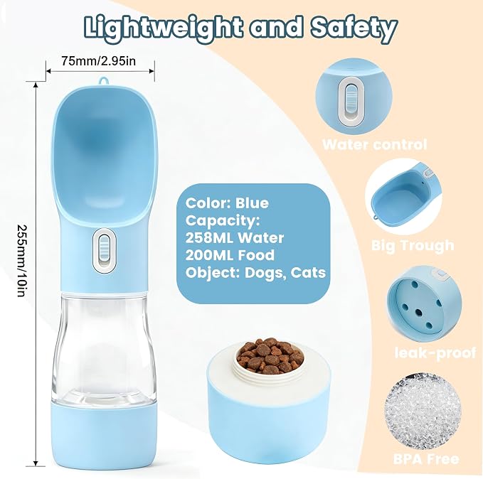 Portable Dog Water Bottle - Leak Proof Dog Water Dispenser with Bowl & Food Container, Dishwasher Safe Food Grade Plastic for Pet Puppy Outdoor Walking Hiking Travel Blue