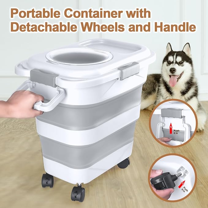 Dog Food Storage Container，10-25 lbs Airtight Collapsible Cat Food Storage Container with Attachable Wheels, Portable Handle, Dog Food Scoop for Dog Cat Bird Pet Dry Food Storage Bin Light Grey