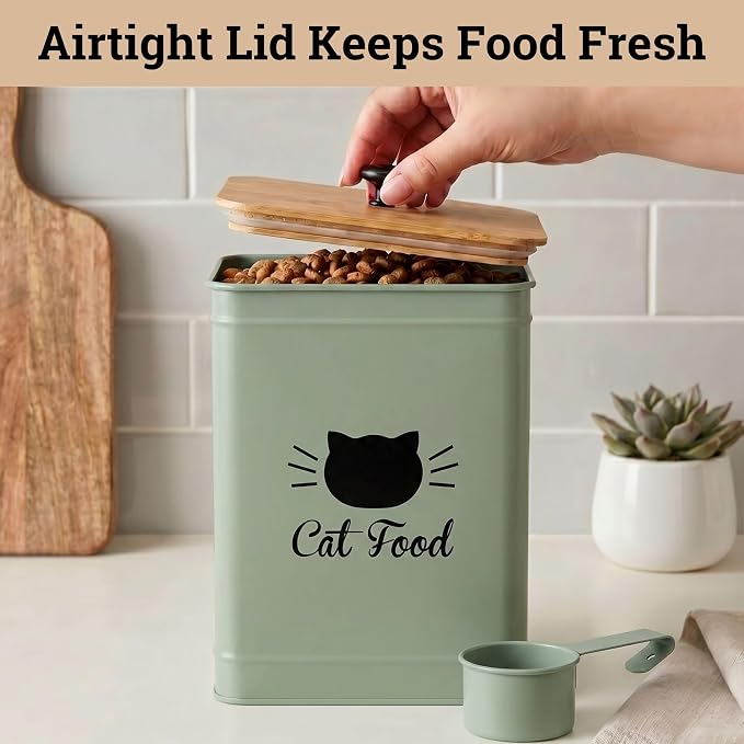 Metal Cat Food Container with Scoop 5-7 lb (25 Cup), w/ Airtight Bamboo Lid | Cat Kibble Canister with Metal Scoop, 25 Cups, Chew Proof Iron Body, Powder Coated, Airtight Bamboo Lid, Sturdy Metal Handle