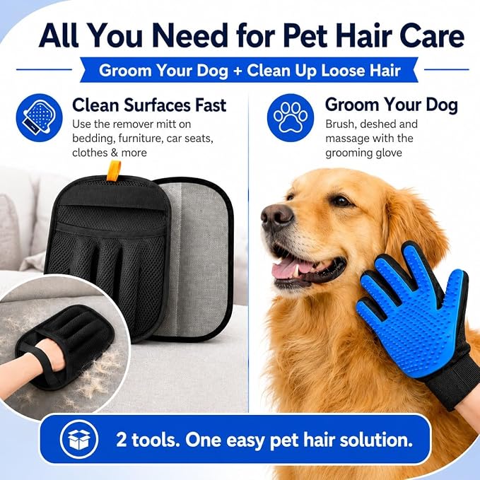 NVNAN 3 PCS Pet Hair Removal Glove and Pet Hair Remover | Groom pets and remove fur from clothes, bedding, car seats, and couches with reusable grooming and fabric gloves
