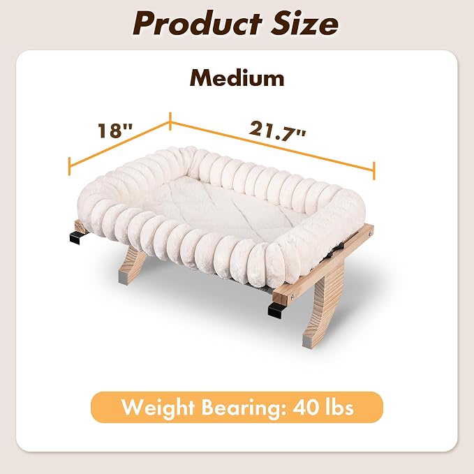 Zoratoo Cloud-Soft Wooden Cat Window Sill Perch with Zipper Cushion,M White | 21.7’’x18’’, Removable for Machine Wash, Fluffy Plush Bolster, Sturdy Metal Frame for Large Cats up to 40lbs, Easy to Adjust