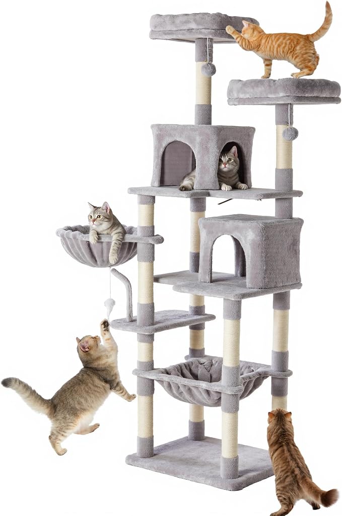 71 Inch Large Cat Tree Tower with Sisal Scratching Post | Multi-Level Cat Climbing Tower with Hammock, Pet Condo for Indoor Cats and Kittens, Light Grey