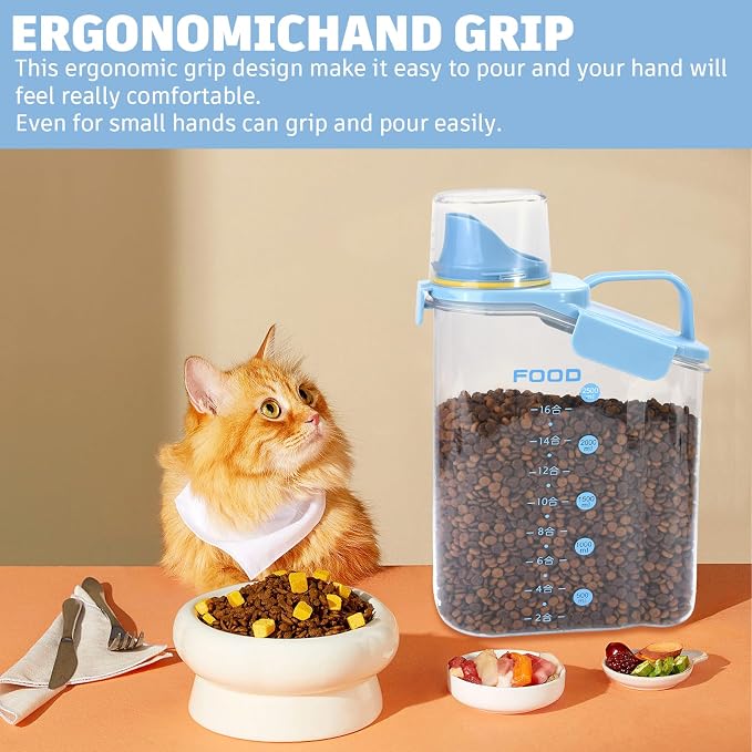 Dog Food Storage Container with Large Pour Spout, Blue | Pet Food Container with Measuring Cups, Keep Food Fresh, Portable Cat Food Container for Dogs, Cats, Birds
