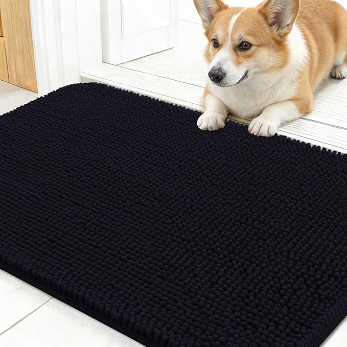 OLANLY Dog Door Mat for Muddy Paws 30x17, Super Absorbent Chenille Mud Mat | Black, Absorbs Moisture and Dirt, Non-Slip Machine Washable Doormat, Quick-Drying Indoor Entryway Floor Carpet for Dogs