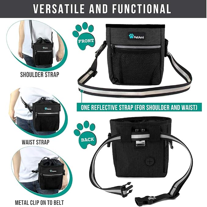 PetAmi Dog Treat Pouch, Pet Treat Pouch for Training, Dog Walking Bag Holder for Kibbles, Pet Food Toy, Dog Trainer Essentials Supplies, Poop Bag Dispenser, 3 Ways to Wear (Charcoal)