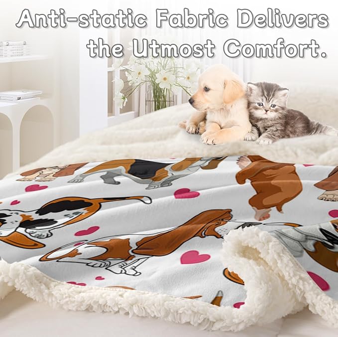 BlessLiving Basset Hound Blanket Queen Size 90x90 Inches - 3D Red Hearts Dog Print Plush & Sherpa Throw, Ultra Soft Cozy Fleece Blanket for Adults, Kids, Pet Lovers, Cute Puppy Gift