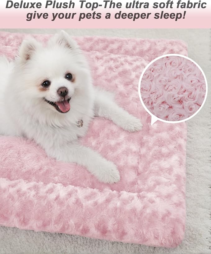 Exsnugy Washable Dog Bed Mat Medium Size Fluffy Pet Crate Pad 36x23 | Non-Slip Bottom Kennel Beds Ultra Soft Comfy Sleeping Mattress for Large Medium Small Dogs Pink