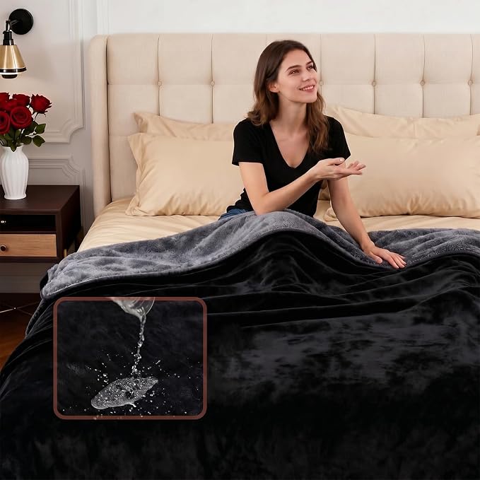 Waterproof Blanket for Bed - King Sized (80"x90") Plush Water Proof Blanket to Protect Furniture, Stain Resistant, Leak-Proof, Double-Sided Flannel & Sherpa Fleece, Reversible Black & Grey